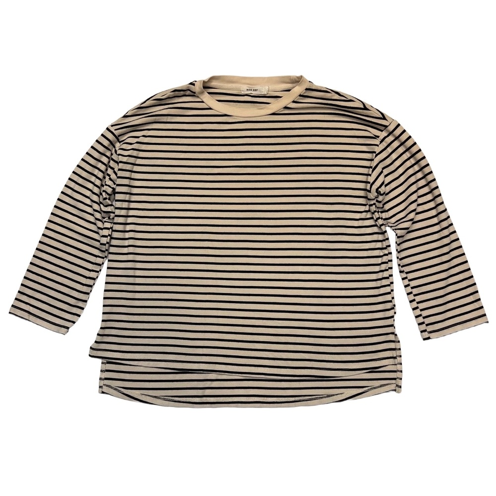 Mod Ref Striped Round Neck Beige Black‎ Stripes Pullover Comfy Casual Top Size S